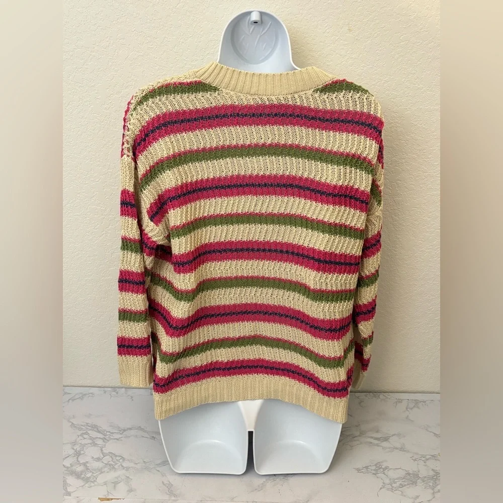 Loft Open Chunky Knit Sweater Size Medium Tan Boho Pullover Striped Acrylic​ - Picture 4 of 6